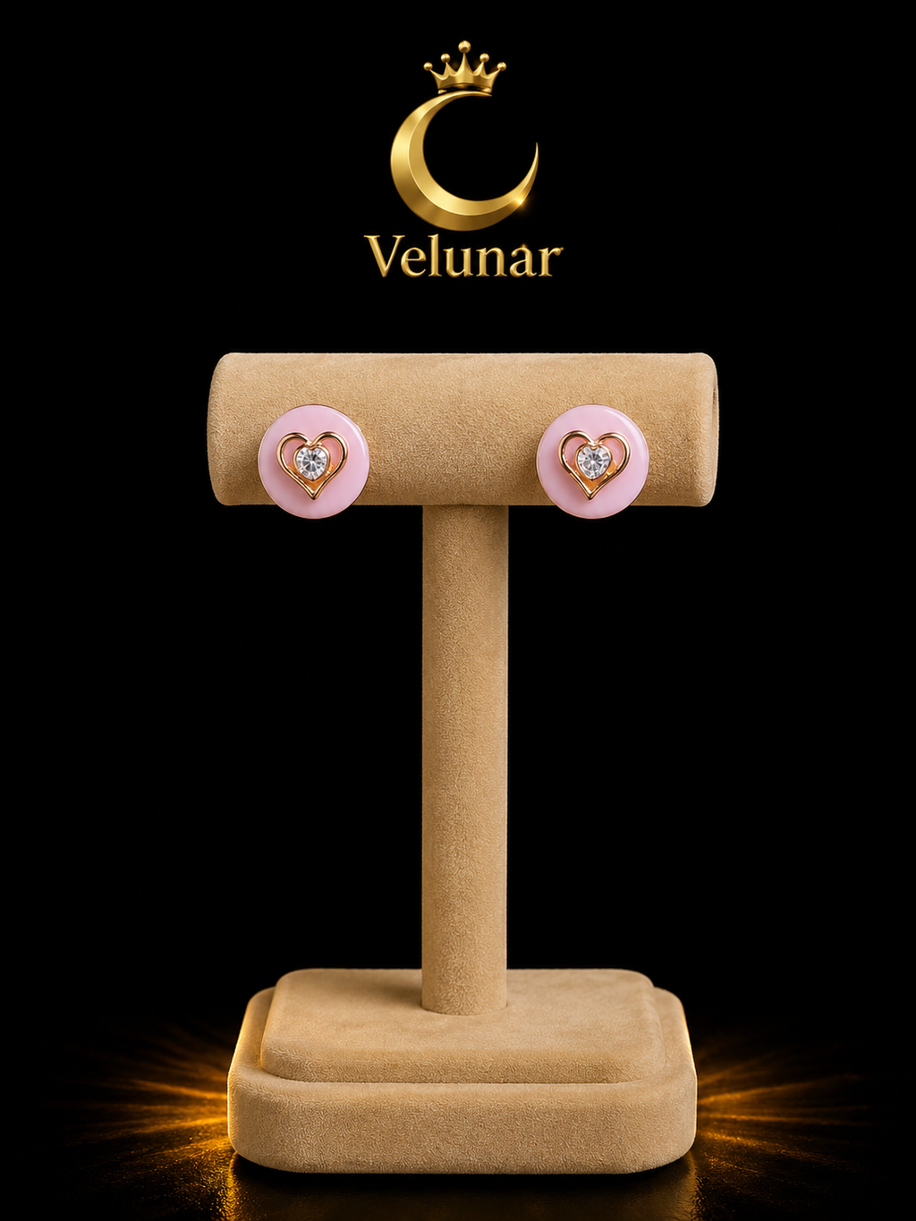 Sahar – Ohrstecker rosa mit goldfarbenem Herz & funkelndem Steinchen