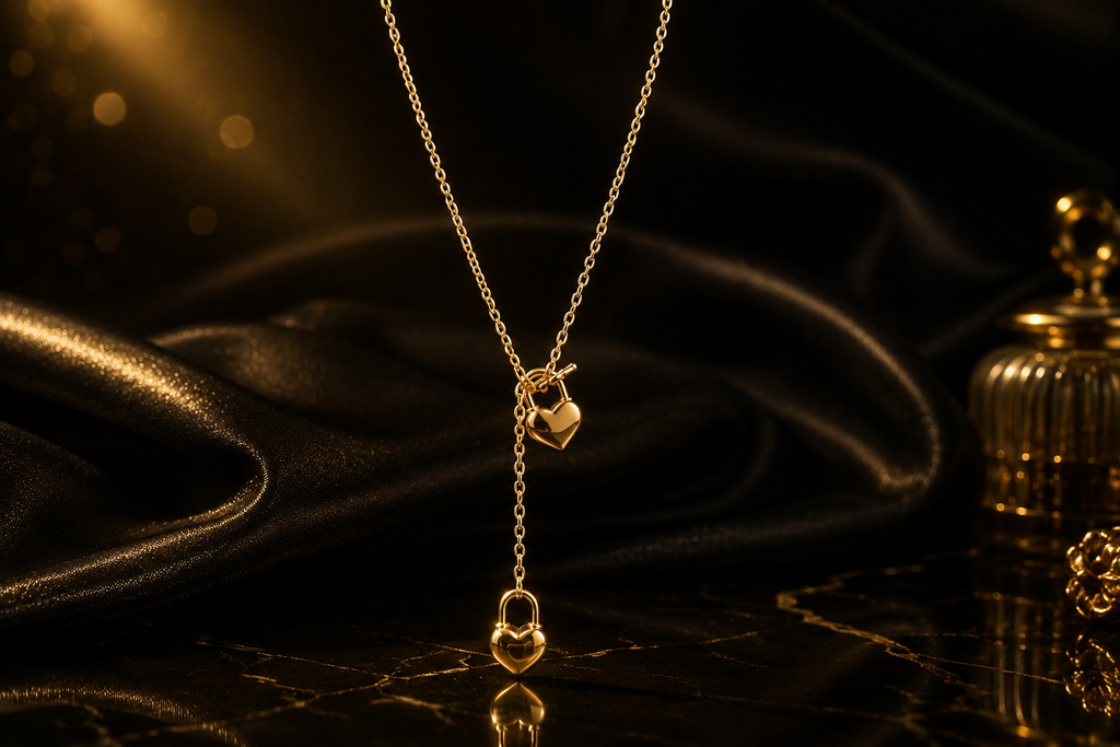Layla – goldfarbene Y-Halskette mit Herz & Herzschloss