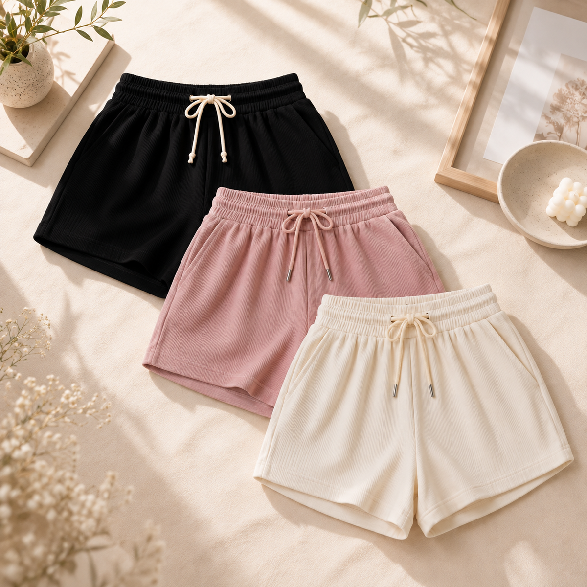 Nora – Ripp-Shorts Damen im 3er-Set: Schwarz, Rosé & Creme
