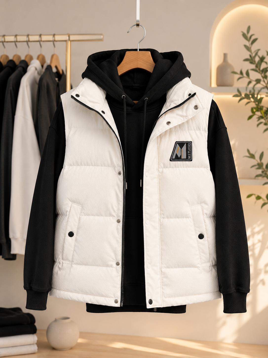 Daunenweste & Hoodie Set Herren – Weiß / Schwarz | Velunar