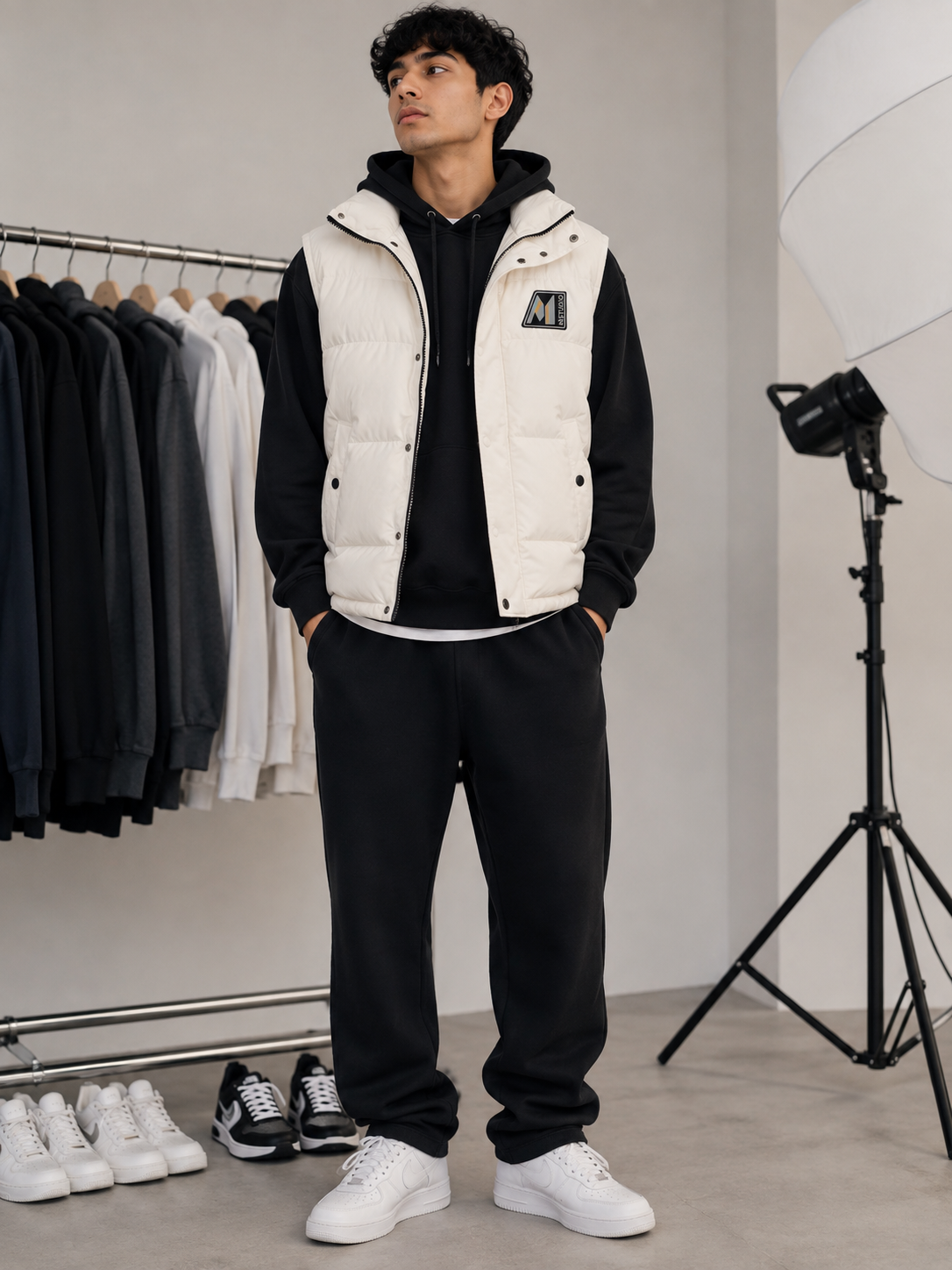 Daunenweste & Hoodie Set Herren – Weiß / Schwarz | Velunar