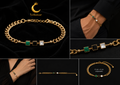 Qamar – Armband goldfarben, Panzerkette mit drei Stein-Quadraten