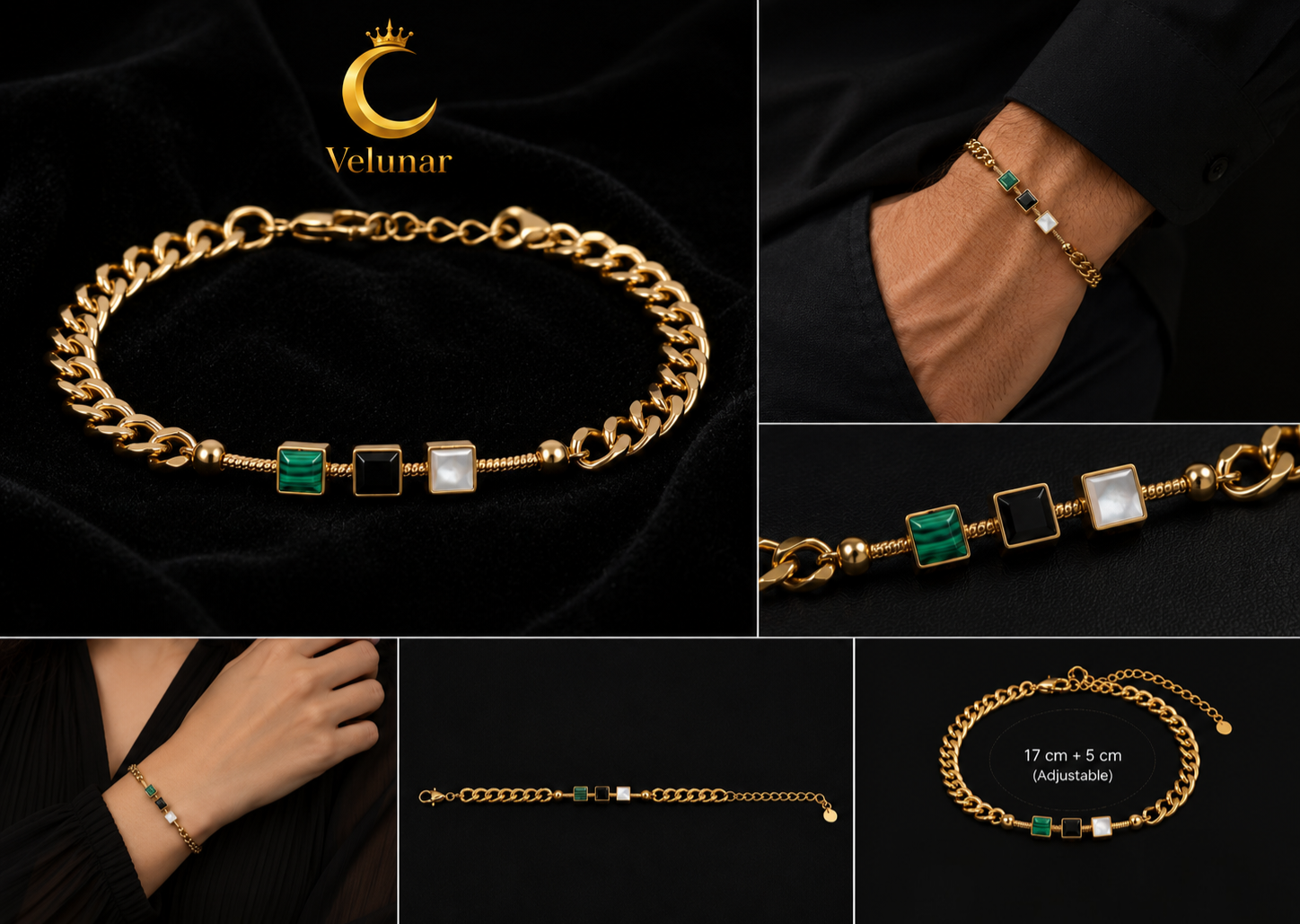 Qamar – Armband goldfarben, Panzerkette mit drei Stein-Quadraten