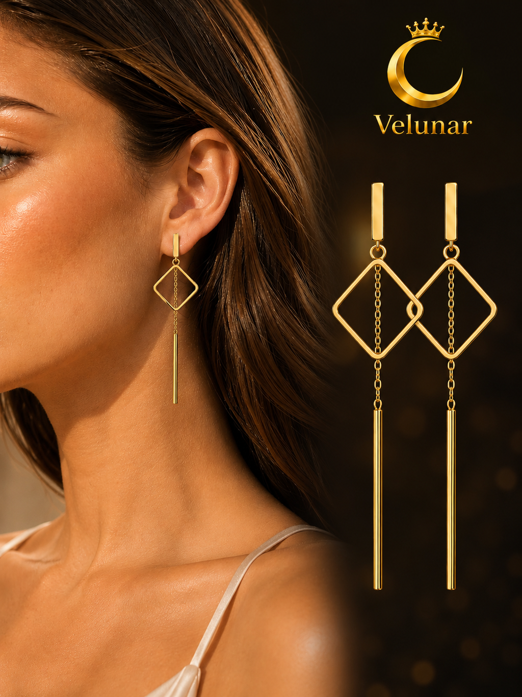 Hala – goldfarbene Ohrhänger mit geometrischem Quadrat & Stab