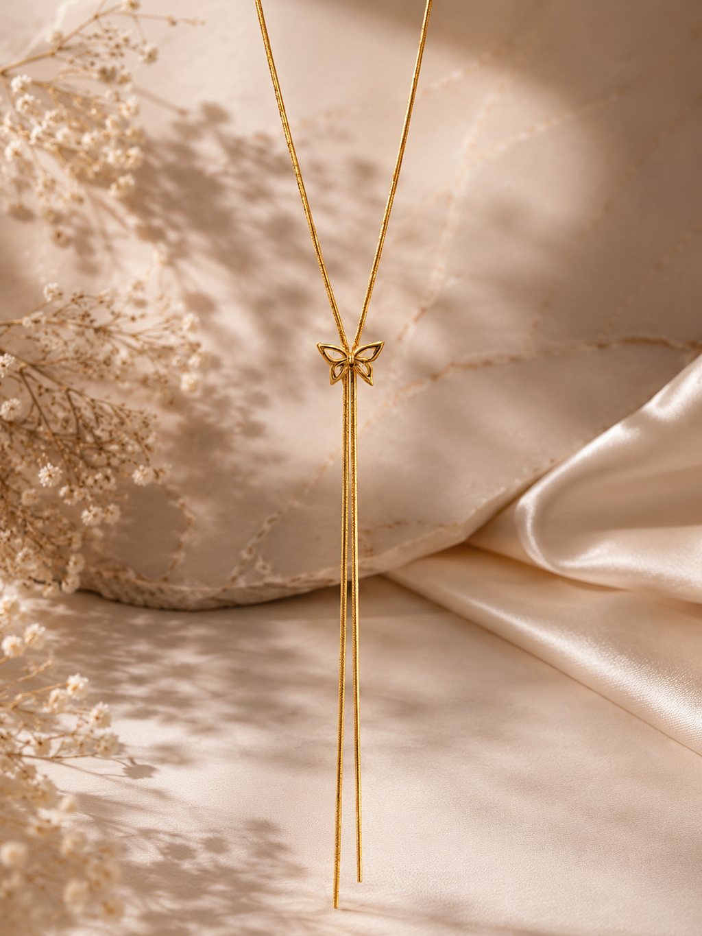 Lina – Halskette goldfarben, Lariat-Kette mit Schmetterling